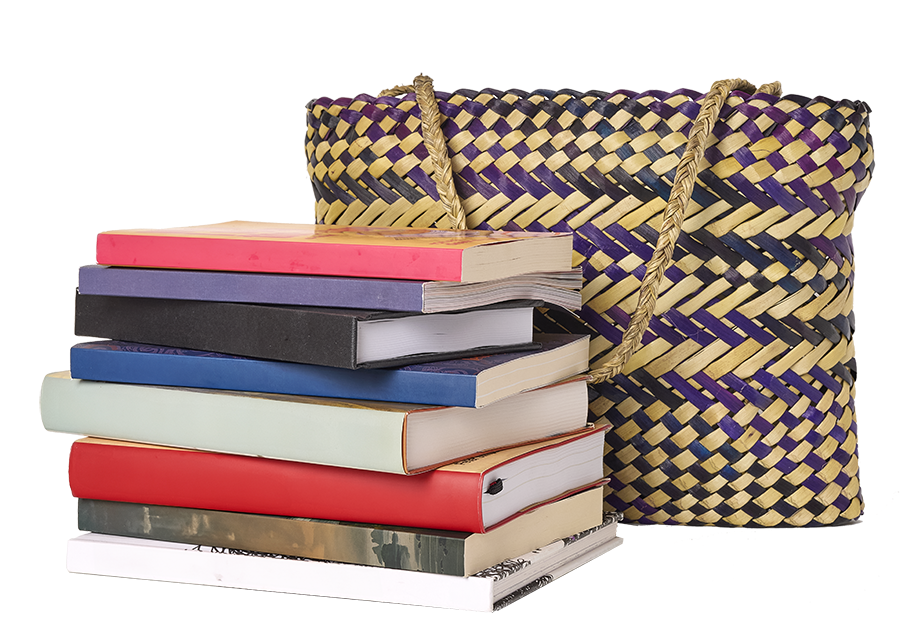 Kete bag with a stack of books