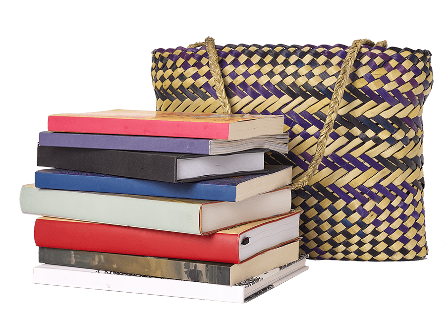 Kete bag with a stack of books